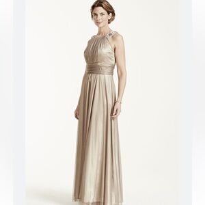 David bridal metallic iridescent tulle jewels neck gown with rached waist